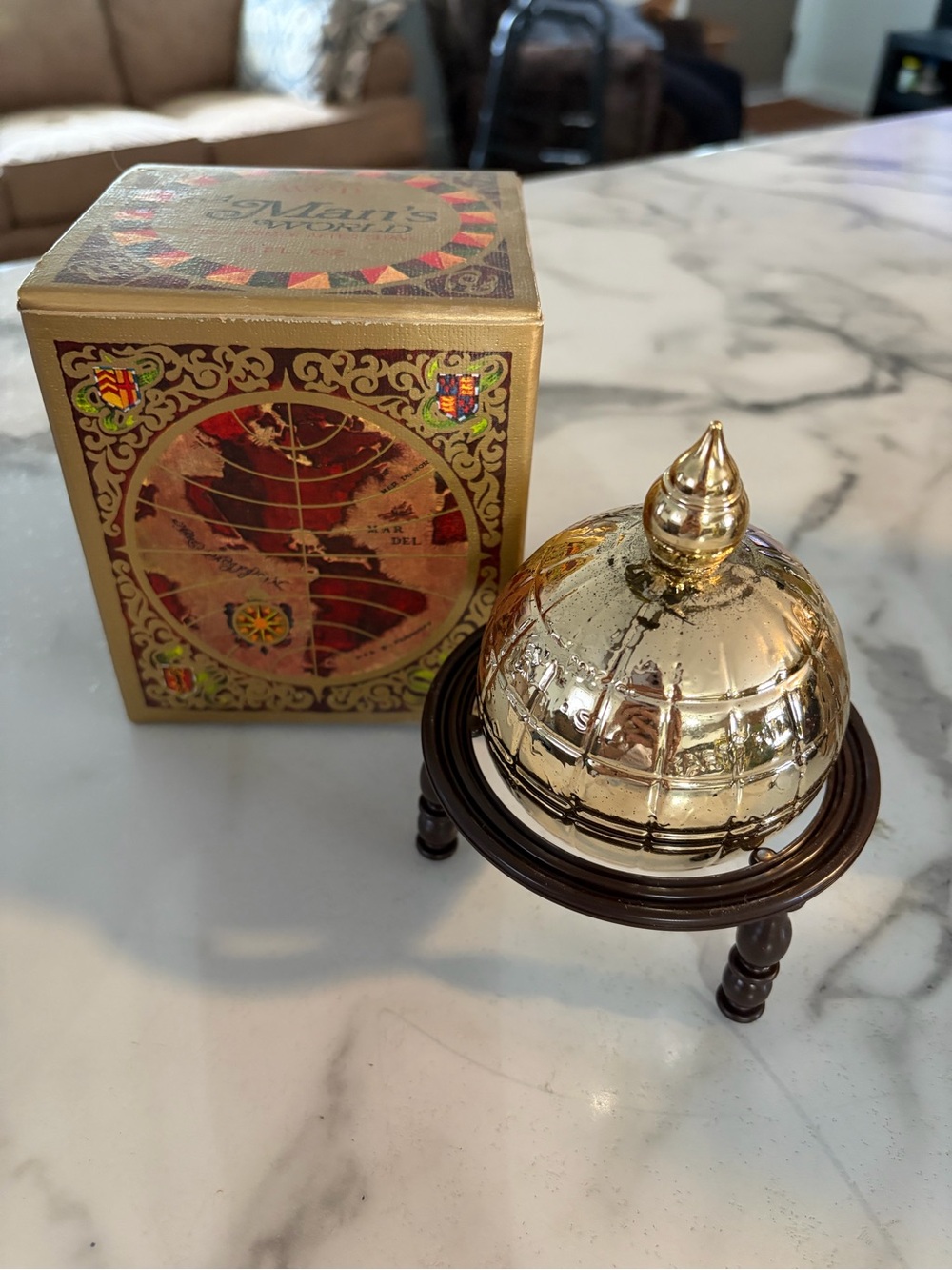 Vintage 1970 A Man’s World Gold Decorative Globe Dome with Wooden Stand